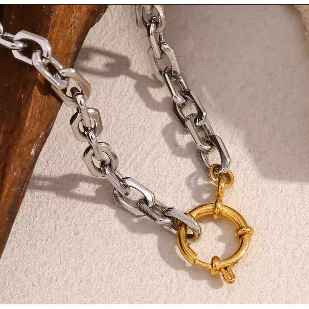 Two Tone Chunky Chain Link Necklace Gold Silver Mixed Metal Sailor Clasp Choker - Picture 6 of 10